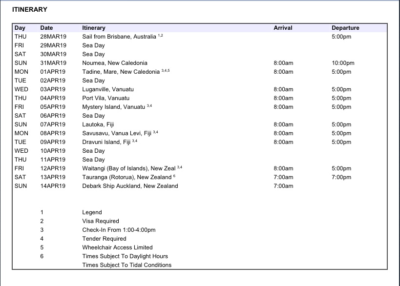 South Pacific EXC cruise itinerary