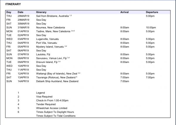 South Pacific EXC cruise itinerary